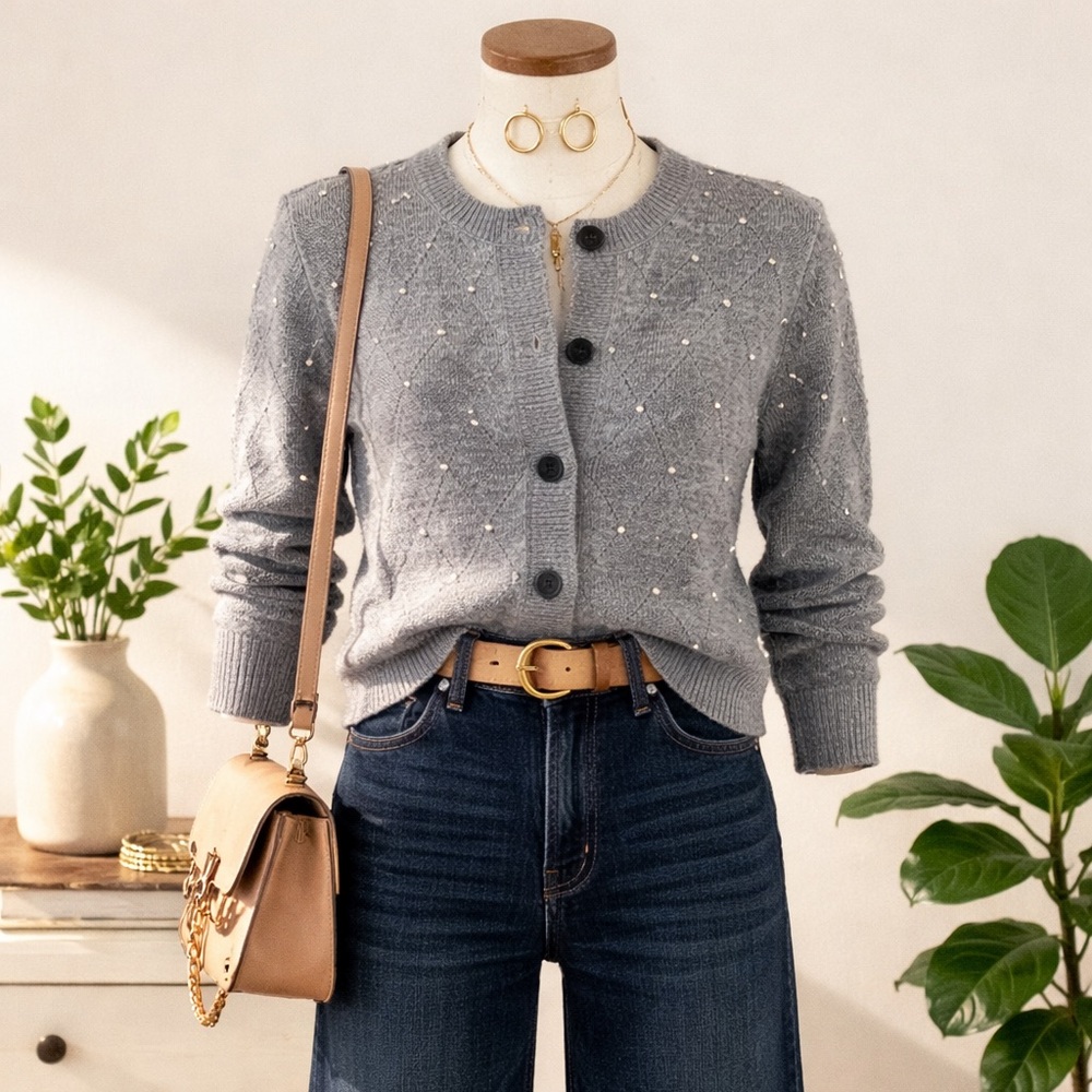 Gray Nanette Lepore Women's Size L Cardigan Sweater with Rhinestone Accents